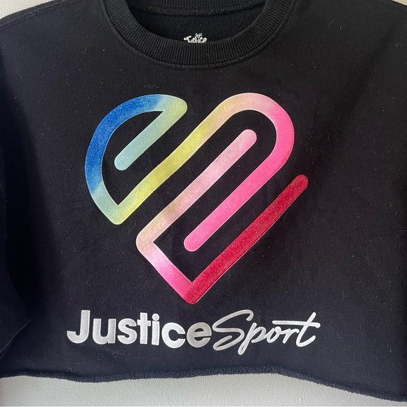🌼 5/$25 Justice Sport Cropped Rainbow Heart Sweatshirt XS Black Fleece Pullover - Picture 2 of 8